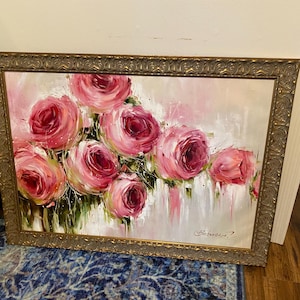 特大のバラの壁アート ピンクのキャンバスの花の油絵 高級ローズ