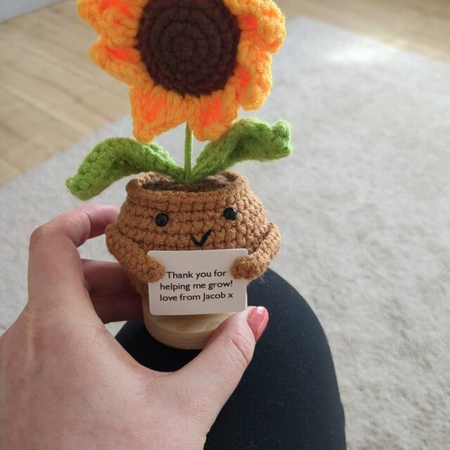 Teacher Appreciation Gift Set - Handmade Crochet Sunflower In Pot With Bracelet & Bookmarks, 'Thank You For Helping Me Grow'