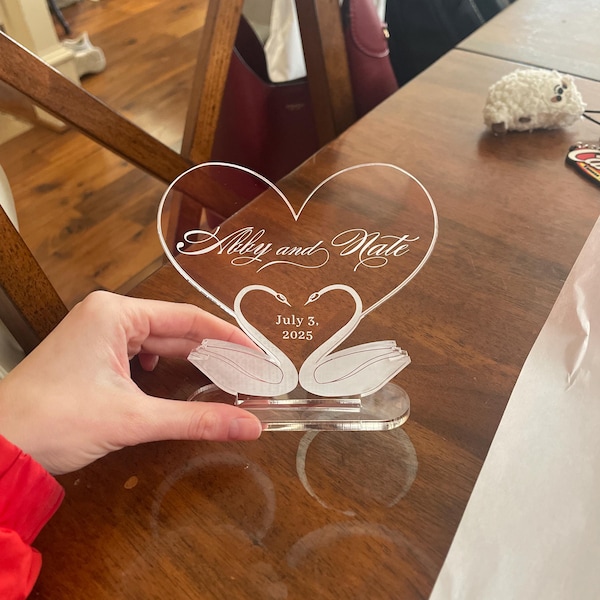 Elegant Glass Heart & Swans Cake Topper in Keepsake Dome main image 0