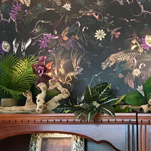 Botanical Wallpaper Secret Garden at Night Green, Snakes and Birds