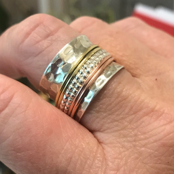 Wide Band Spinner Ring, Sterling Silver Ring, Fidget Meditation Ring ...