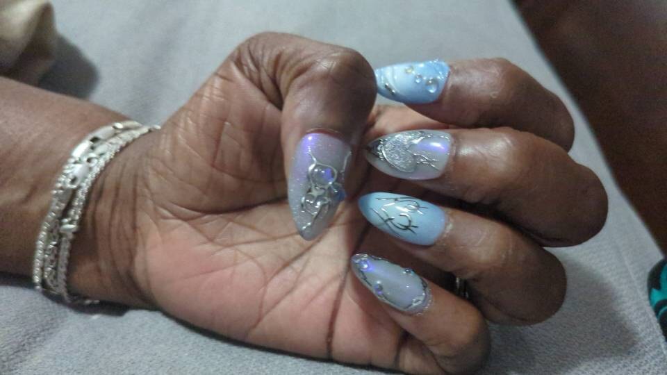 Free Style Blue Mermaid Almond Press On Nails, Handpainted Fake/False Nails, Prom/Event/Birthday Nails, Goth/Gothic/Y2K/Aura Nai