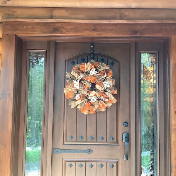 Fall Thanksgiving Mesh Front Door Wreath - Orange Brown Burlap Wreath ...