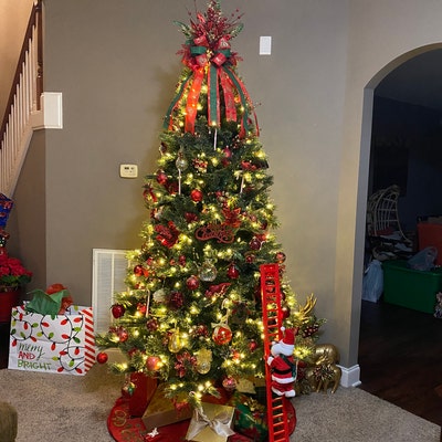 Christmas Tree Topper, Red and Gold Bow, Merry Christmas Decoration ...