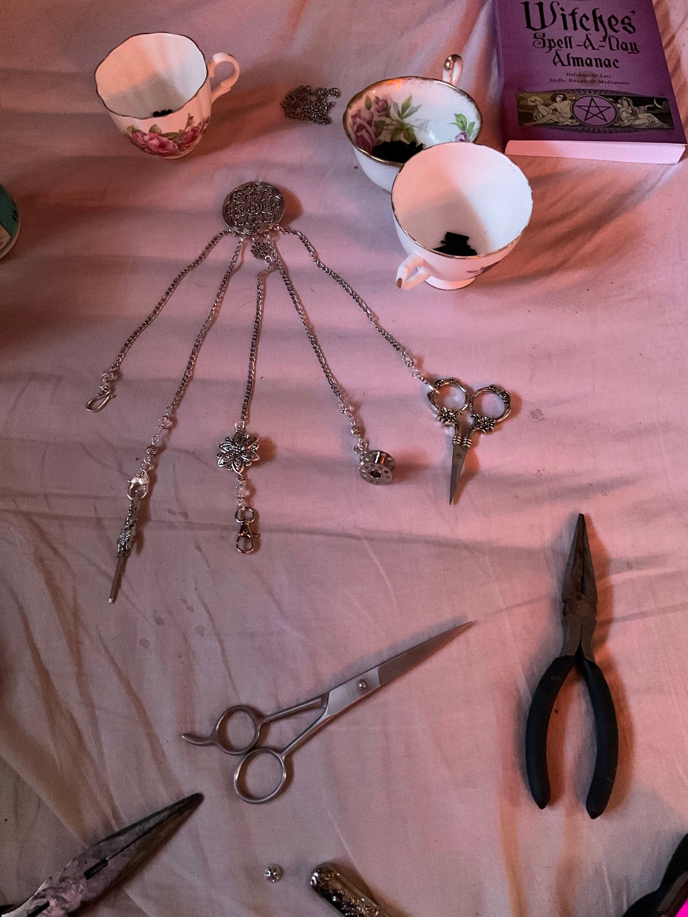 Round Floral Chatelaine with Waist Clip  5 Chains and Hooks for Fiber Arts