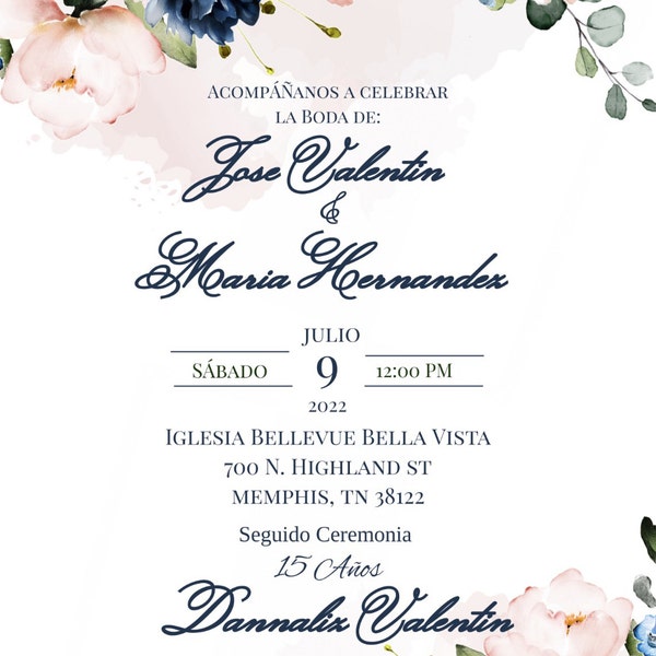 HARPER Blue Navy and Soft Pink Wedding Invitation Set Template, Blue ...
