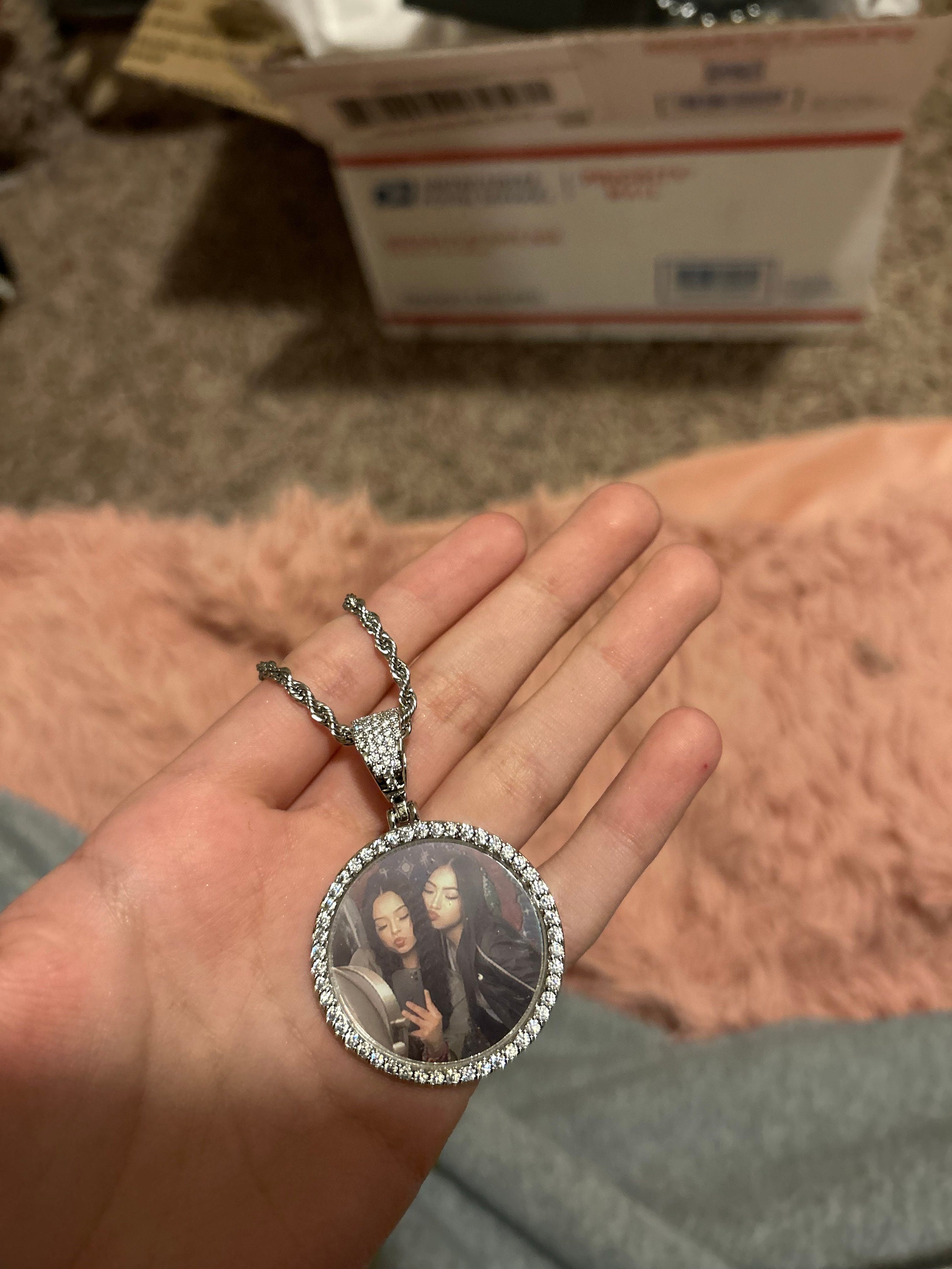 Personalized Diamond Studded Angel Wings Photo Necklace, Photo Necklace, Hip Hop Photo Pendant, Iced Custom Round Photo Pendant