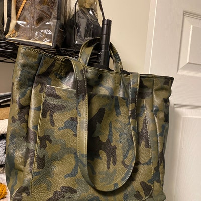 Extra Large Camo Leather Tote Bag 19x 15x 5 With Cotton Lining, Work ...
