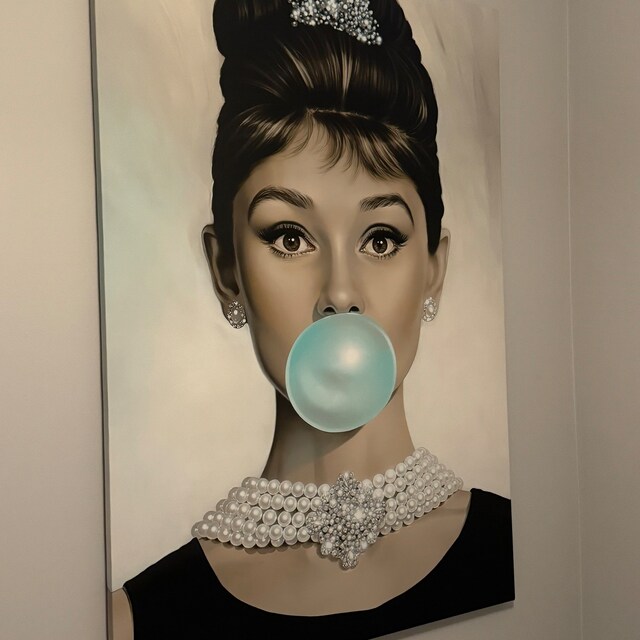 Audrey Hepburn Blue Bubble Gum Wall Art Canvas, Famous Artwork