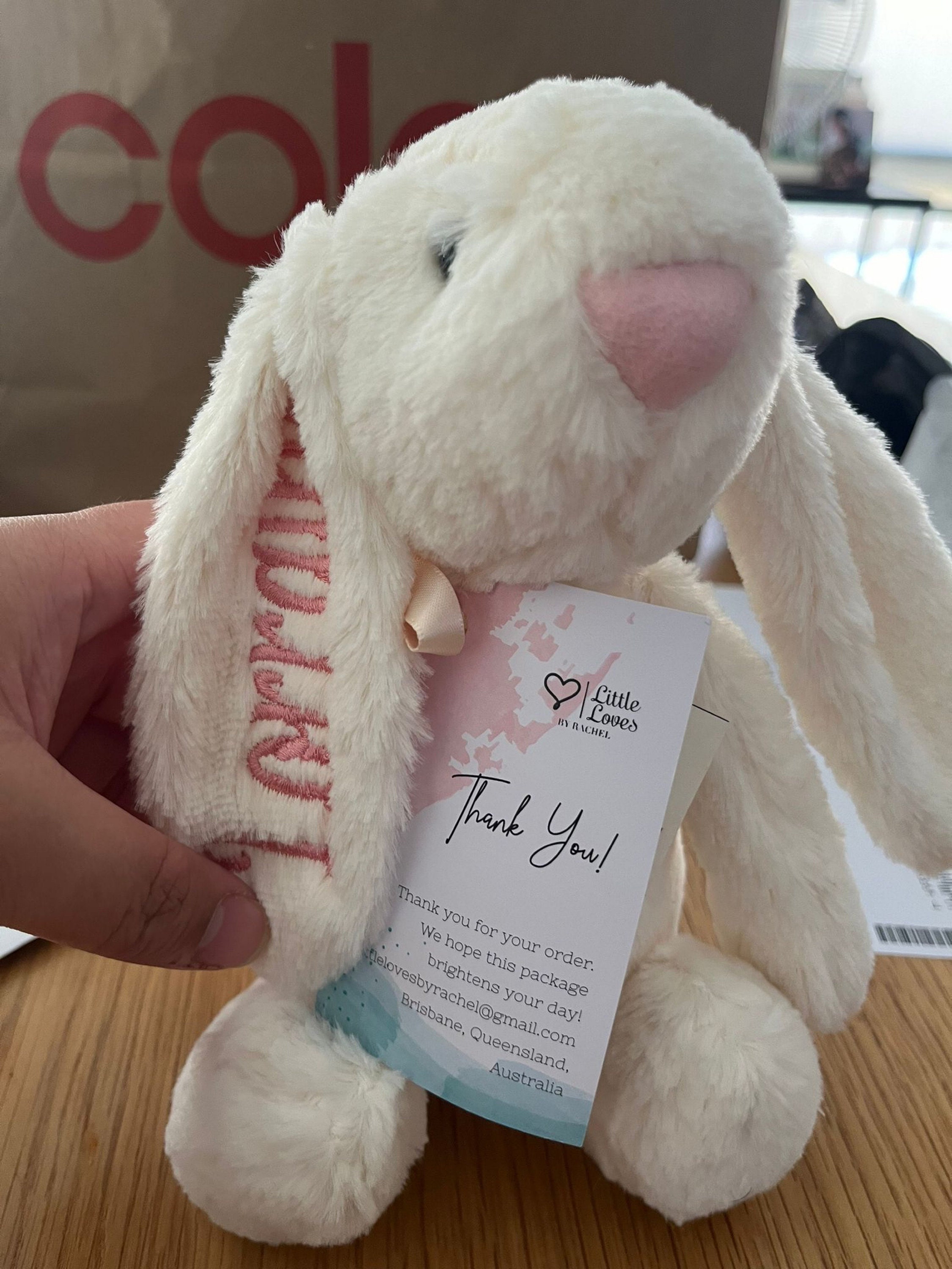 Personalised Plush Bunny Rabbits for children and babies. Floppy ear Rabbit for Easter or Birth. Customise text and colours. Embroidered ear