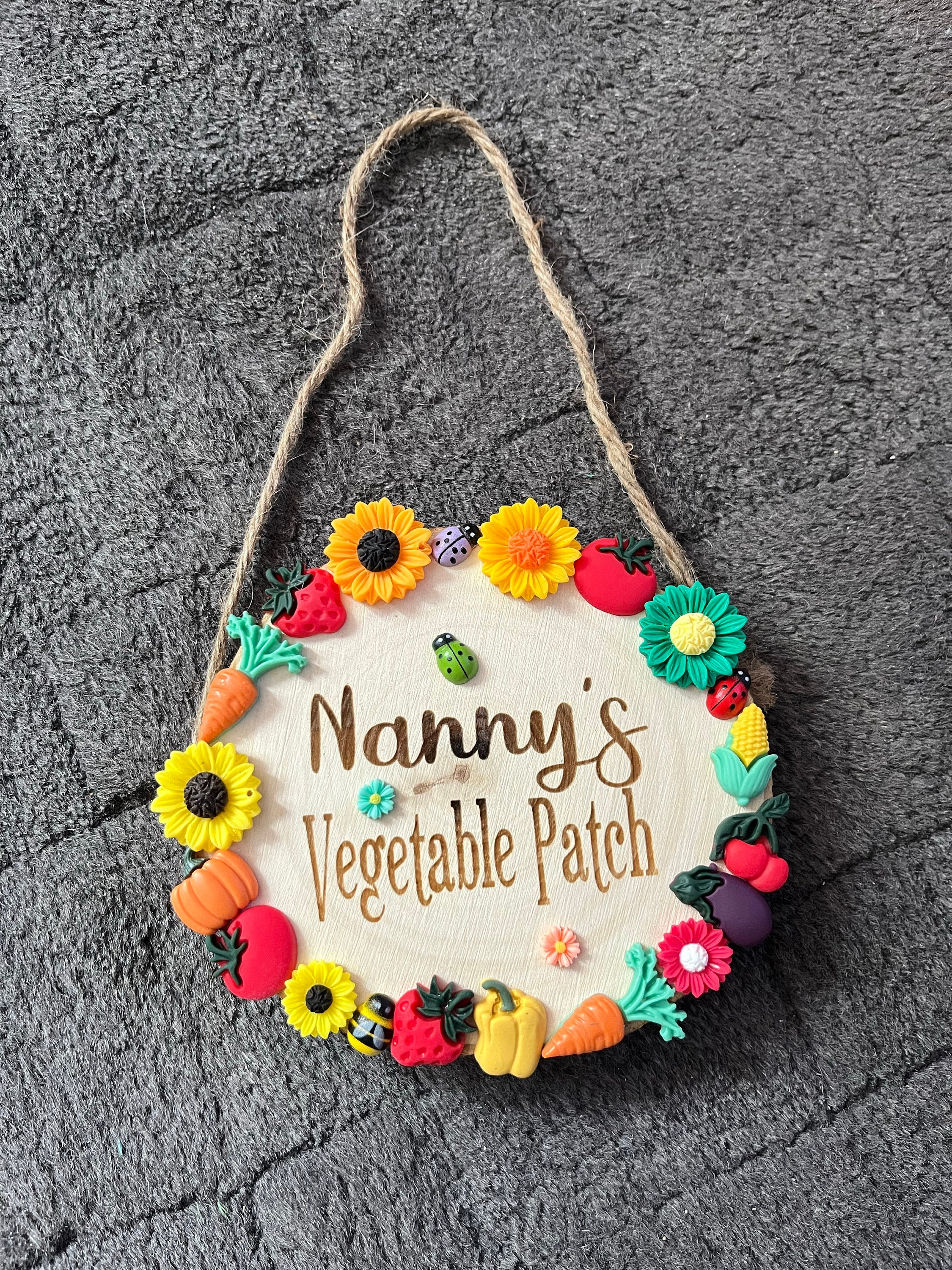 Vegetable Patch Engraved Wooden Log Garden Plaque Sign Personalised Name with Butterfly Sunflowers Daisy's Bees Veg Hung with Twine
