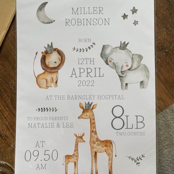 Personalised Safari Animals Print, Including Birth Details, New Baby ...