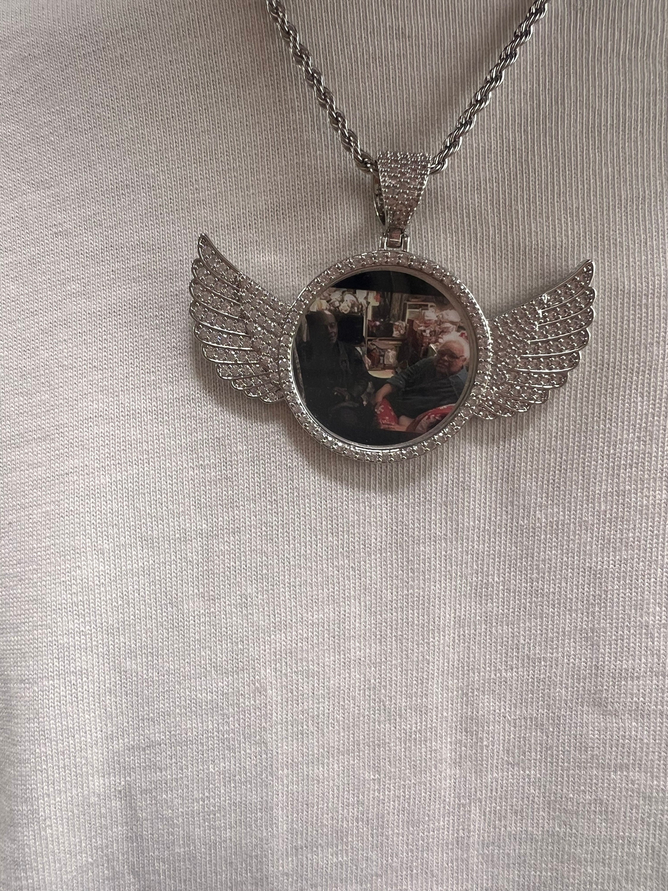 Personalized Diamond Studded Angel Wings Photo Necklace, Photo Necklace, Hip Hop Photo Pendant, Iced Custom Round Photo Pendant