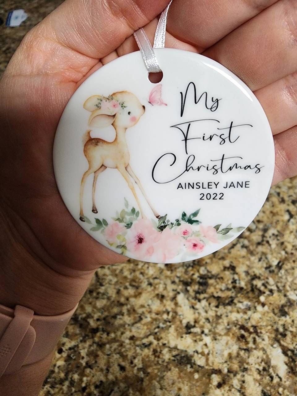 Baby&#39;s First Christmas Ornament - Personalized Baby Girl Deer Christmas Ornament