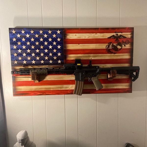 Rustic American Flag Gun Rack. Compound Bow Rack With Military Logo ...