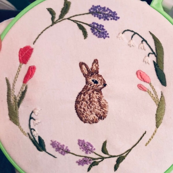 Easter Bunny Hand Embroidery Pattern - Floral Wreath Bunny Embroidery ...