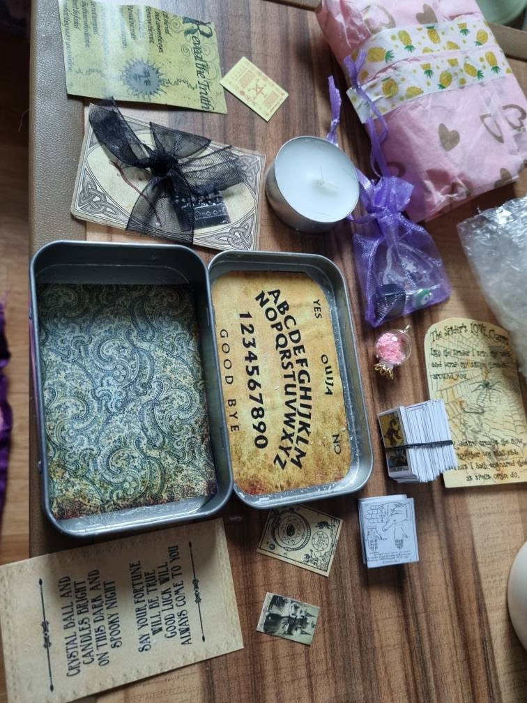 mini tarot tin, mini tarot kit, on the go mini tarot tin, palmistry ouija board psychic spell kit, mini tarot card deck, mini ouija board,