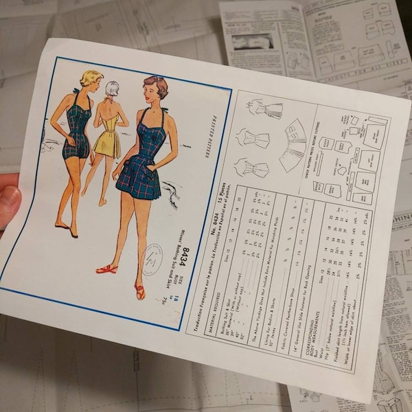 1950s 50s Vintage Sewing Pattern Swimsuit With Pleated One Piece Halter ...