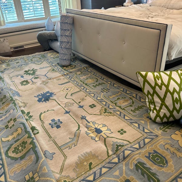 New Oushak Olive Green With Sea Blue Background Modern Oushak Rug Olive