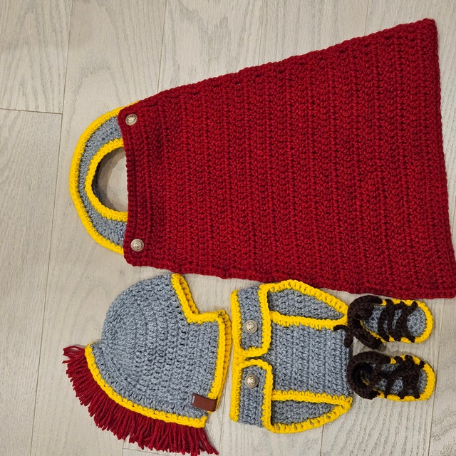 A customer's finished Baby Gladiator Outfit Crochet Pattern