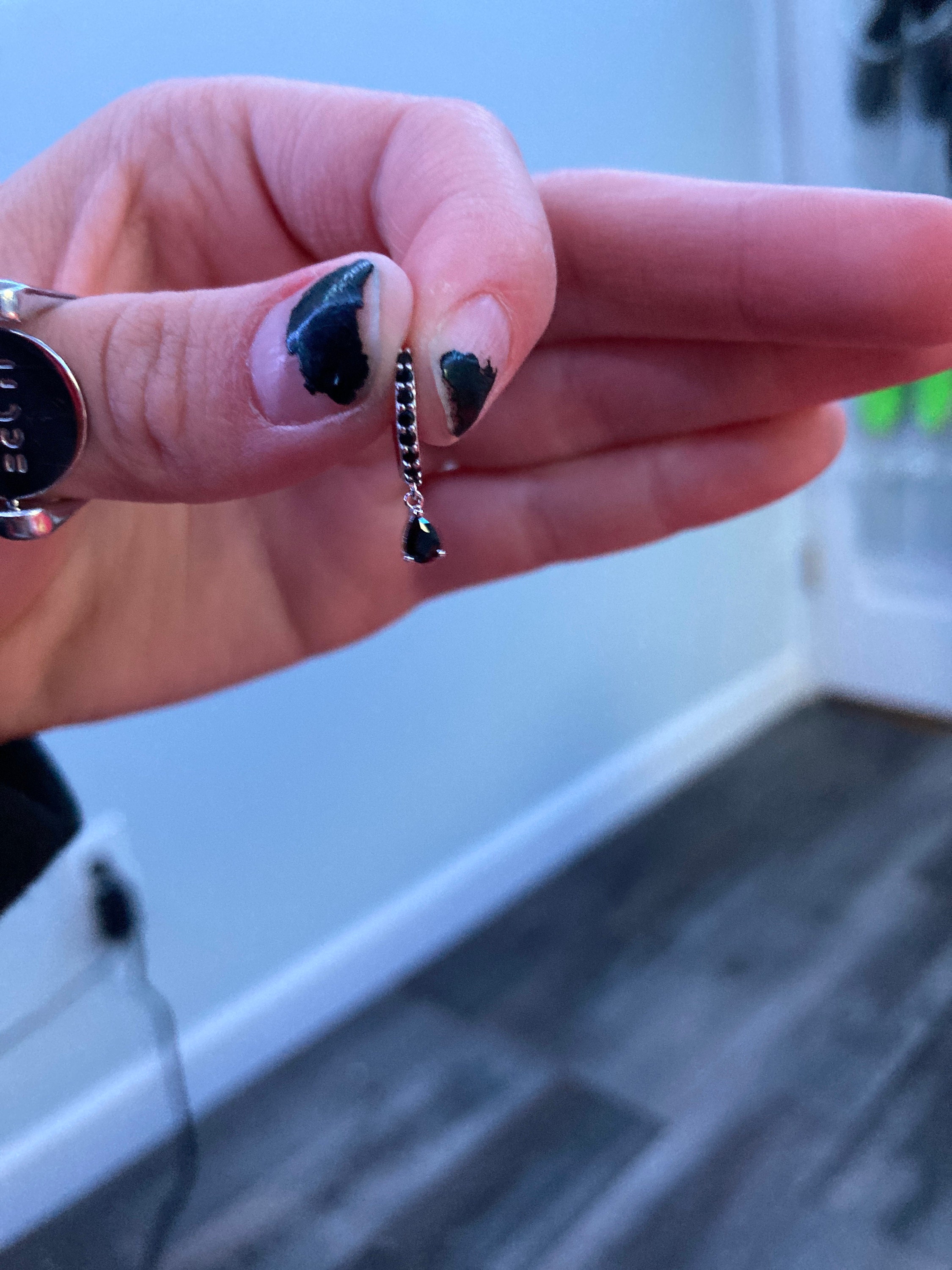 Black cz charm hoops - Dangle hoop earrings - Sterling Silver Minimalist earrings - Tiny Huggie hoop earring
