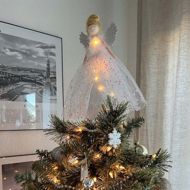 Décoration Sapin De Noël Ange Avec Guirlande Lumineuse – Tissu – 25x30 Cm – Pour Intérieur, Cheminée, Jardin