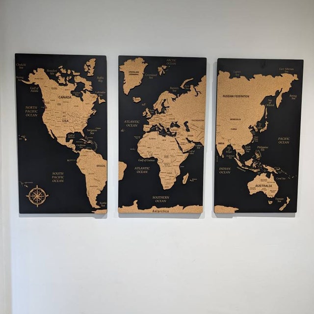 世界地図の押しピン、世界地図のウォールアート、木製旅行地図
