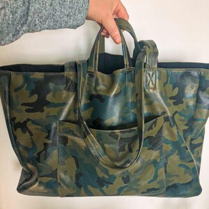 Extra Large Camo Leather Tote Bag 19x 15x 5 With Cotton Lining, Work ...