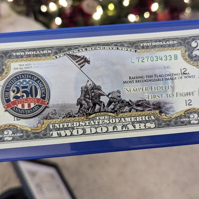 海兵隊250周年記念 米軍の節目となる2.00ドル紙幣 本物の米国未流通