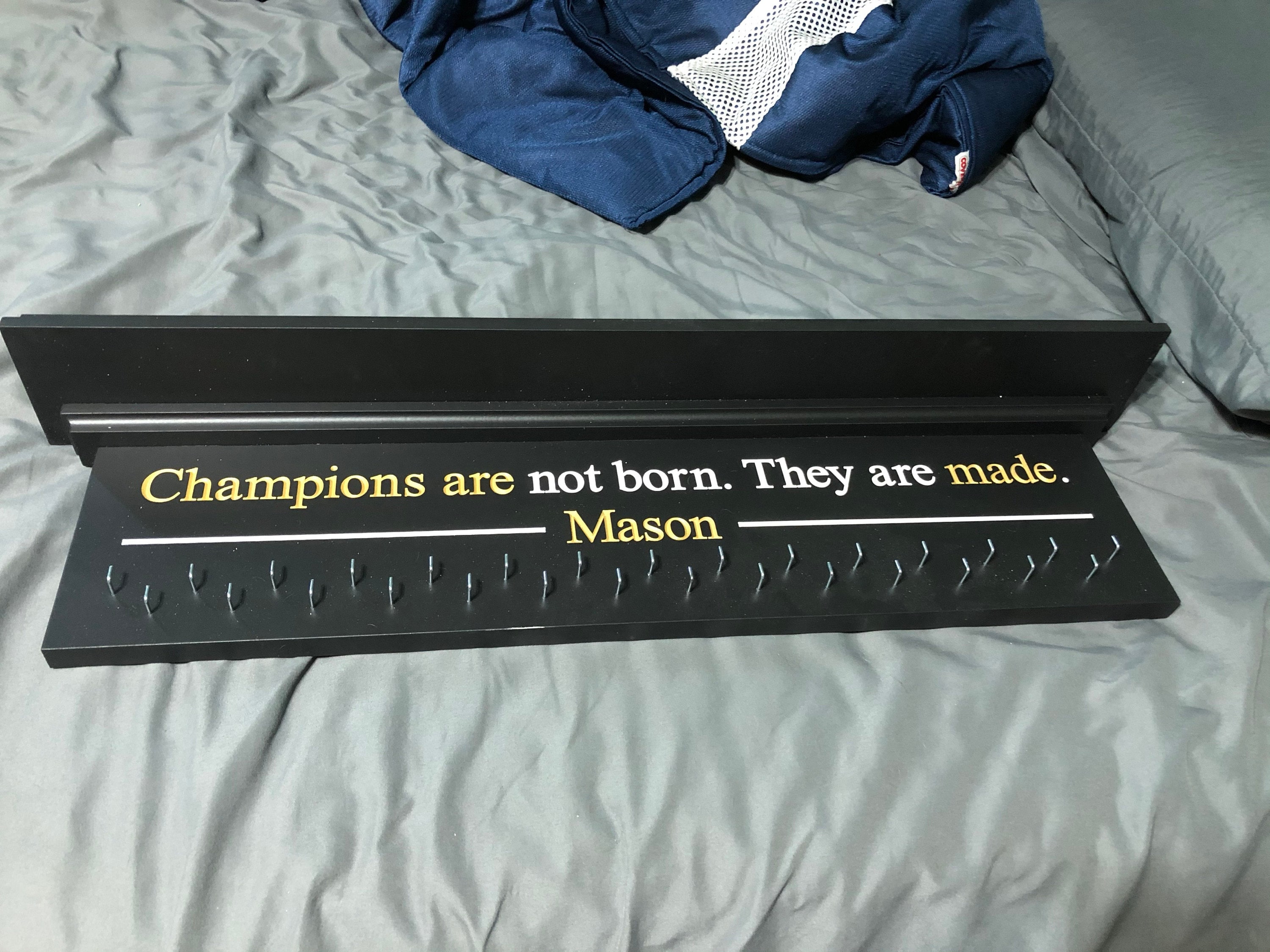Medal Holder Champions Engraved Trophy Shelf Ribbon Holder Medal Hanger Award Display Personalized gift Trophy Rack Sports Award Display 30"