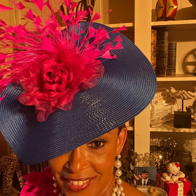 Royal Blue Heart-Shaped Fascinator with Hot Pink Floral Detail ANALIA FASCINATOR HAT - Pink and Ink Blue - Gold Coast Couture main image 3