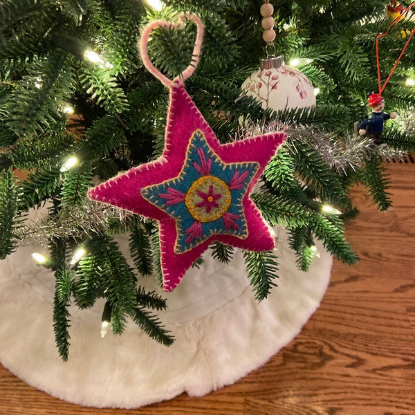 Pink - Star - Hand Embroidered Felt Christmas Decor Ornament 09
