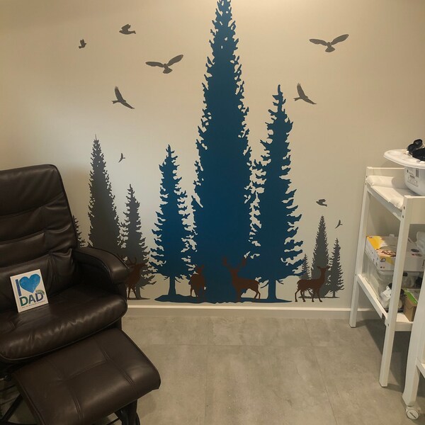 Pine Tree With Deers Wall Decal Forest Tree Wall Decal , Large Trees ...