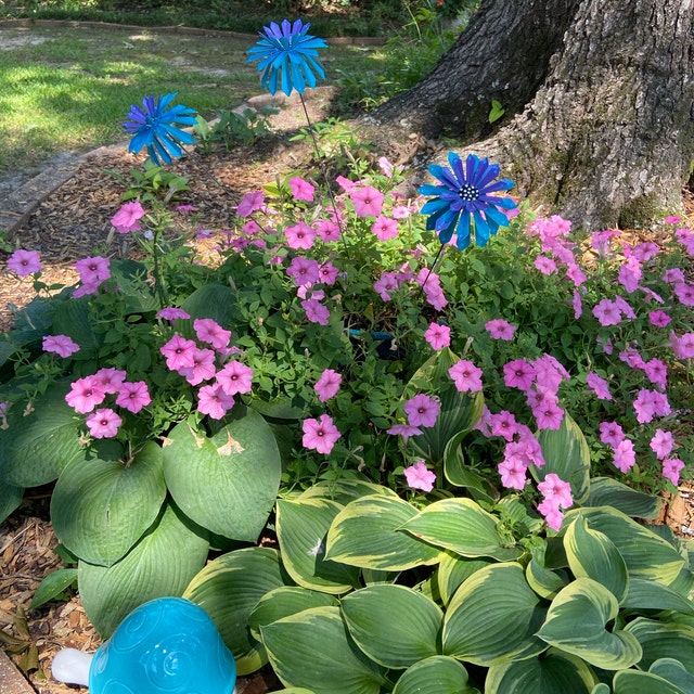 Set of Three Blue Metal Zinnia Flower Garden Stakes,yard