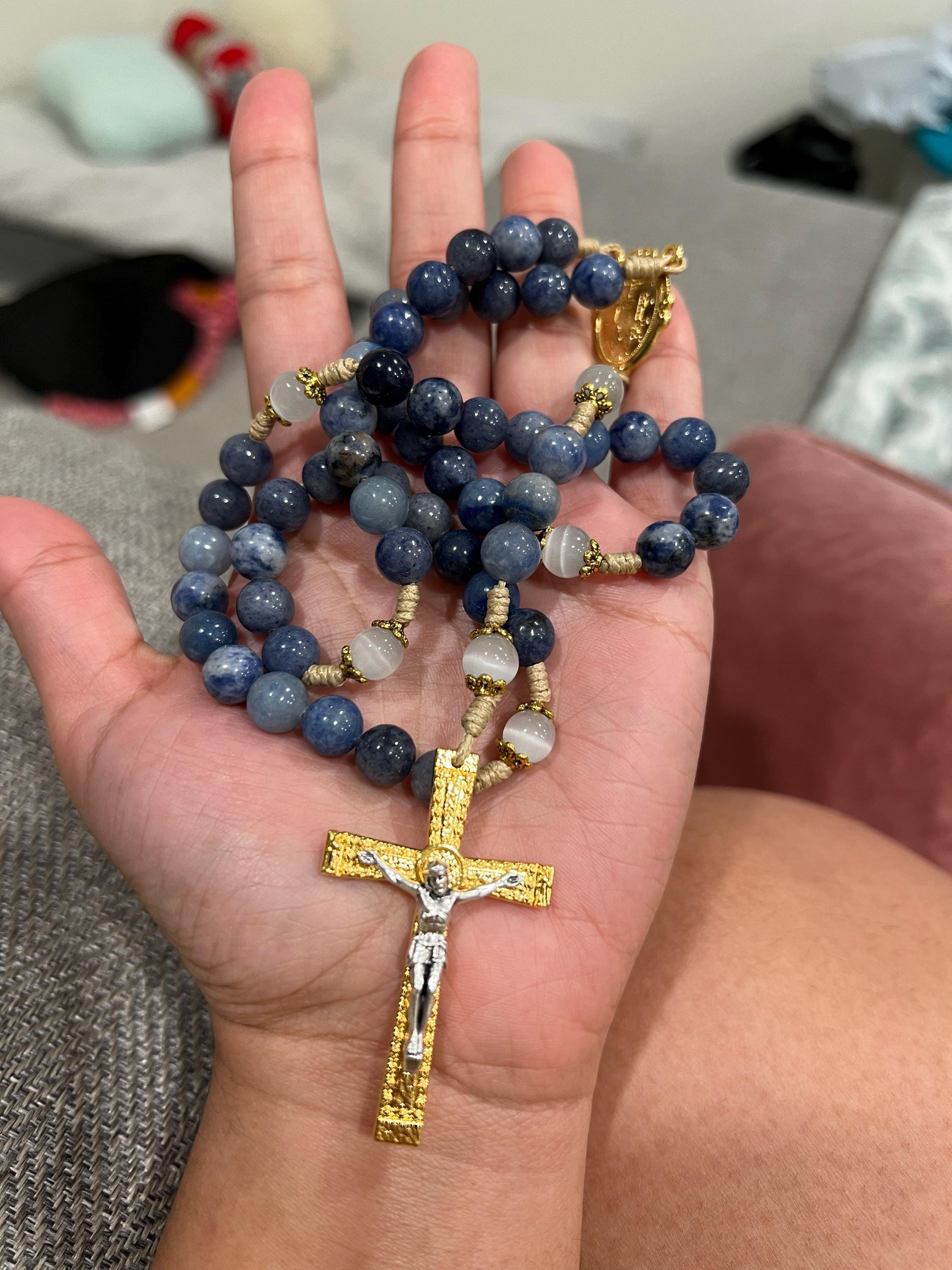 Wundertätiger Rosenkranz mit Medaille – handgefertigt mit blauen Steinperlen und strapazierfähiger Kordel – Gebet und Hingabe – Jesus, Maria und Josef, katholisches Geschenk zu Ostern