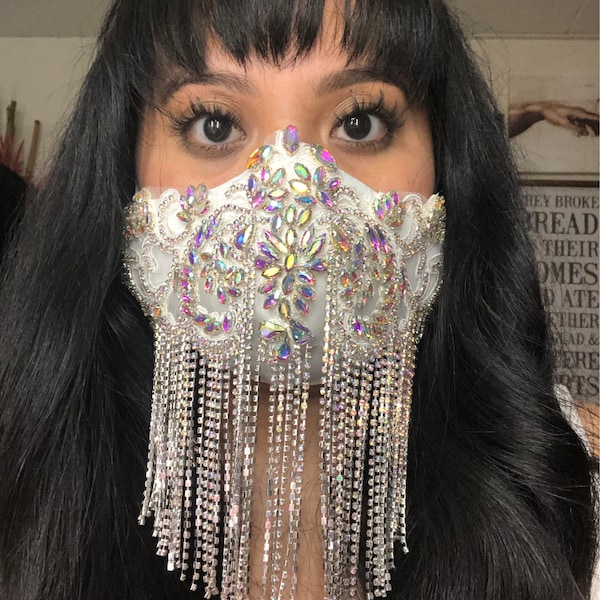 White Small Flower Diamante Embellishment Face Mask main image 1