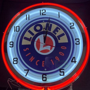 Lionel Train Neon Clock: Orange Double Neon, Garage Decor