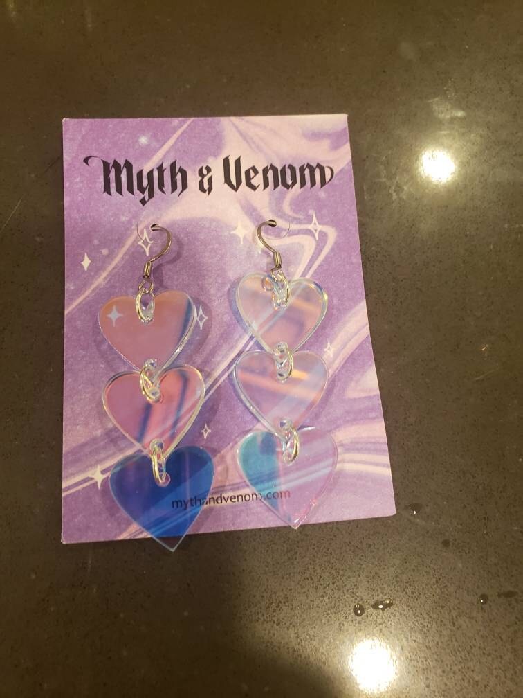 Heart Shaped Iridescent Waterfall Drop Earrings - acrylic - eras - lightweight - FALLING HEART - Rainbow