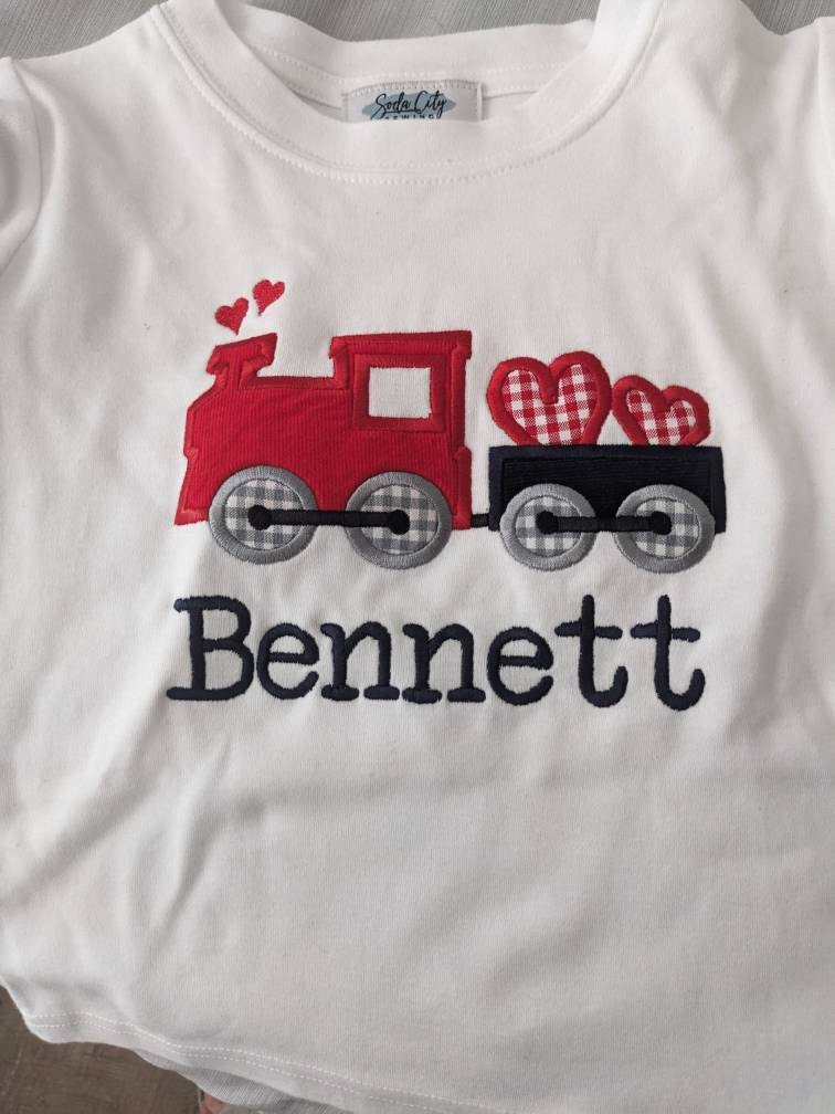 Valentine&#39;s Day Train Shirt - Toddler Boy Valentines Outfit - Personalized Train Hearts Applique Tee - Navy Corduroy Pants - Monogrammed