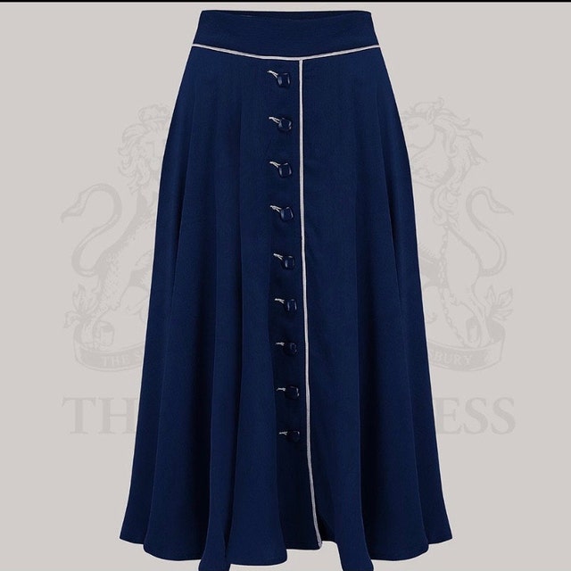 1940s Clothing & 40s Fashion or Women Rita Skirt in Navy by The Seamstress of Bloomsbury | Authentic Vintage 1940s Style $69.58 AT vintagedancer.com