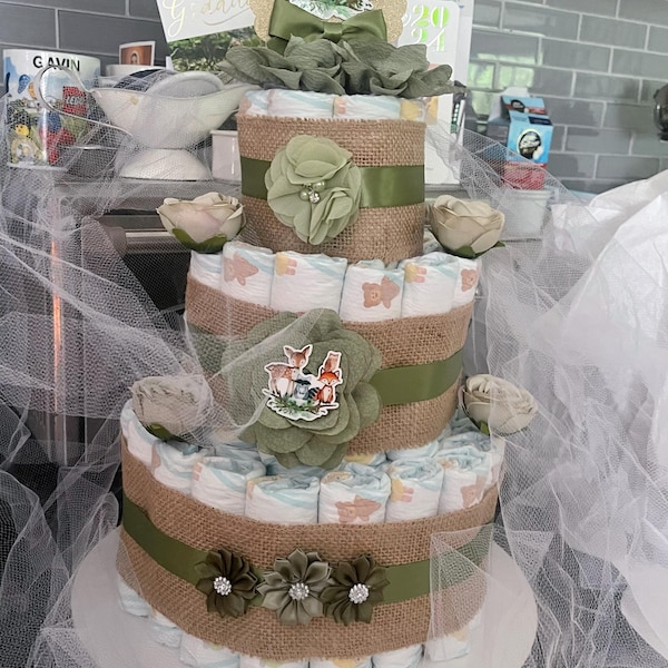 Woodland Diaper Cake Boy, 3 Tier Baby Shower Centerpiece - Etsy