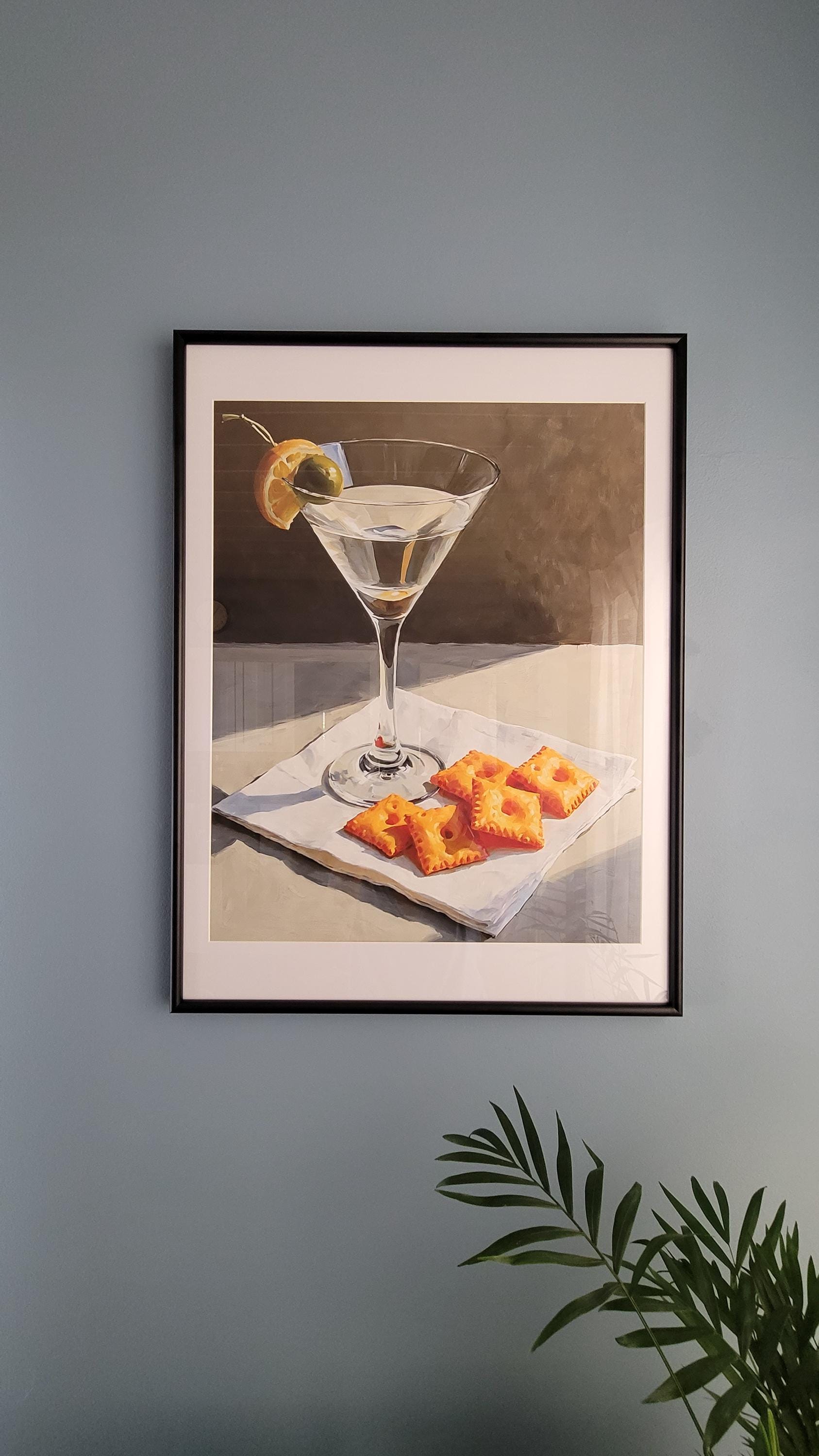 Martini and Cheese Crackers Print | Cute Quirky Whimsical | Cocktail Art Bar Cart Decor | Elegant Oil Painting Gift | Trendy Kitchen Wall