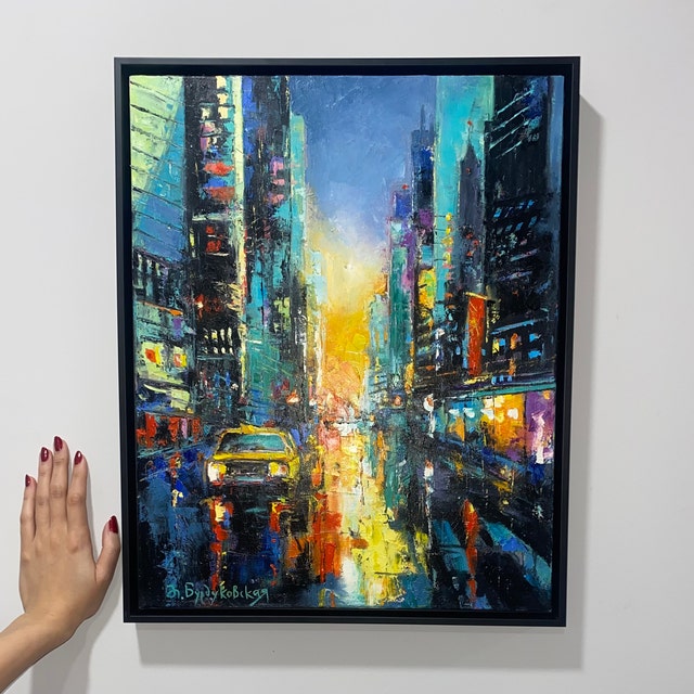ニューヨークの街並みを描いた油絵、夜景アート（16x20インチ） - Etsy
