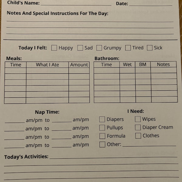 Toddler Daily Report | Daily Log for Daycare, Preschool, Nanny ...