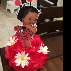 PRE CUT Red Black Ladybug Wings Dark and Medium Skin Baby Girl Centerpiece with Wood Stand OR Card Stock Cut Out Baby Centerpiece Birthday