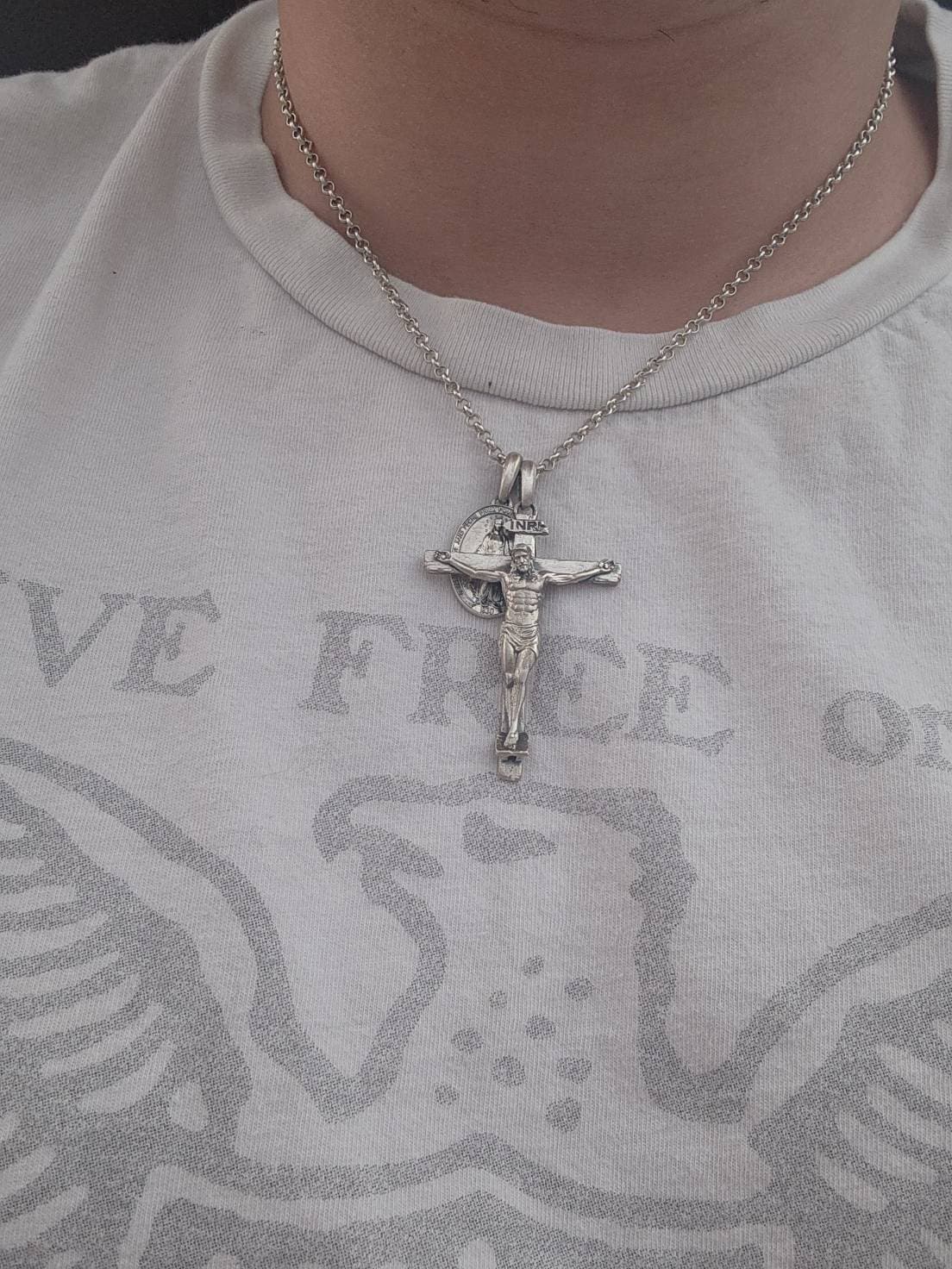 Handmade Silver Jesus Crucifix Necklace,3D Jesus Relief Cross Savior Pendant,Engraved Jesus Religious Charm,Silver Man Necklace,Gift For Men