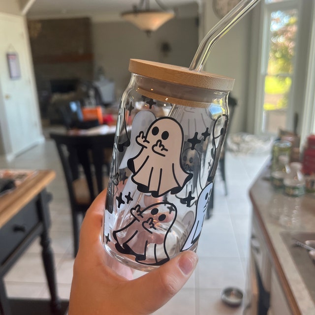 Coolife Ghost Halloween Cup, 16 Oz Can Shaped Tumbler Glass Cups W/Bamboo Lids  Straws - Spooky Iced Coffee Cup, Smoothie Cup, Cute Halloween Gifts Fo