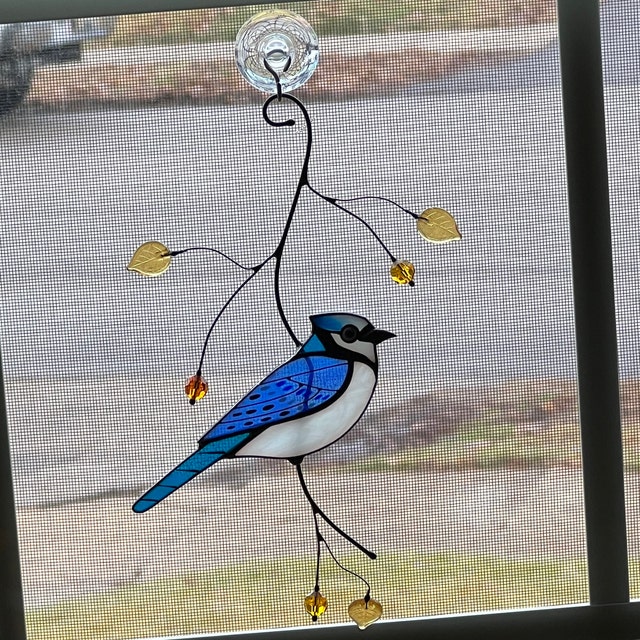 トロント・ステンドグラス Blue Jay ブルージェイ アオカケス River of Goods Blue Jay Stained Glass Window Panel 20157