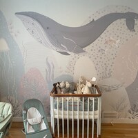 Blue Whale Wallpaper Ocean Motif Nursery Decor Removable Flying Whale ...