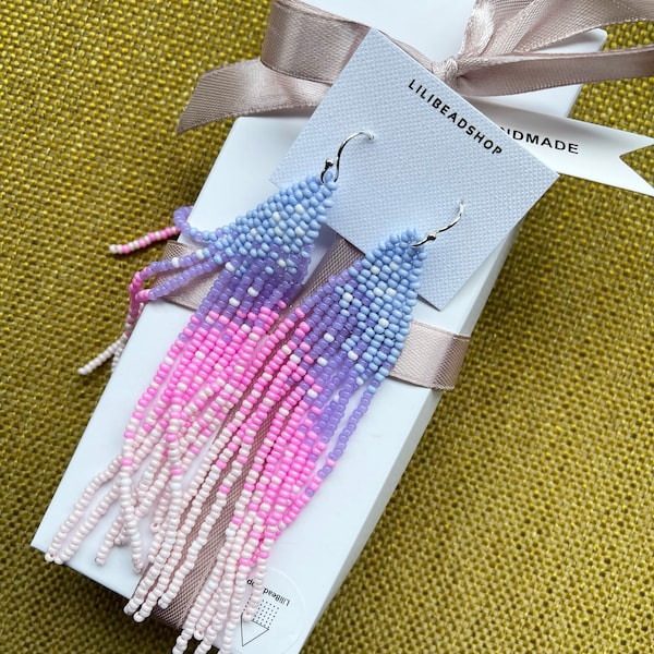 Pink Beaded Earrings - Long Fringe Earrings - Statement Dangle Earrings ...